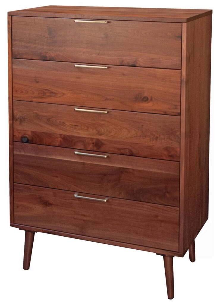 Rustic walnut mid-century modern tall chest.